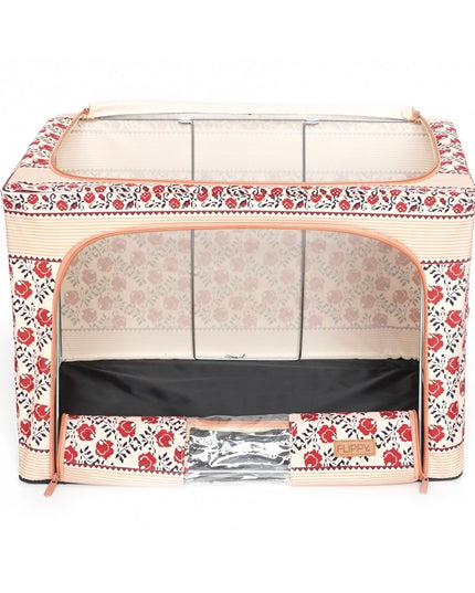 de Depozitare Pliabila, 100 L din Bumbac si In,Fereastra Frontala, 2 Usi de Acces cu Fermoar Bidirectional, Cadru Metalic, Suport Baza Stabil din Plastic, Motiv Traditional Model 4