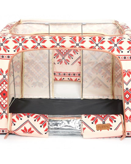 de Depozitare Pliabila, 100 L din Bumbac si In,Fereastra Frontala, 2 Usi de Acces cu Fermoar Bidirectional, Cadru Metalic, Suport Baza Stabil din Plastic, Motiv Traditional Model 2