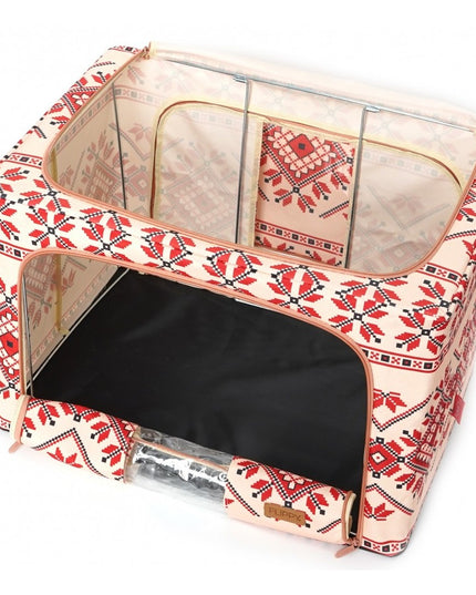 de Depozitare Pliabila, 100 L din Bumbac si In,Fereastra Frontala, 2 Usi de Acces cu Fermoar Bidirectional, Cadru Metalic, Suport Baza Stabil din Plastic, Motiv Traditional Model 2