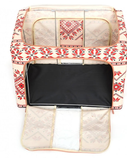 de Depozitare Pliabila, 100 L din Bumbac si In,Fereastra Frontala, 2 Usi de Acces cu Fermoar Bidirectional, Cadru Metalic, Suport Baza Stabil din Plastic, Motiv Traditional Model 2