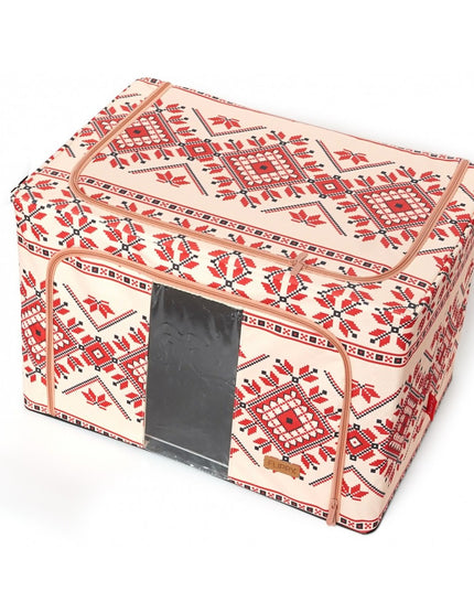 de Depozitare Pliabila, 100 L din Bumbac si In,Fereastra Frontala, 2 Usi de Acces cu Fermoar Bidirectional, Cadru Metalic, Suport Baza Stabil din Plastic, Motiv Traditional Model 2