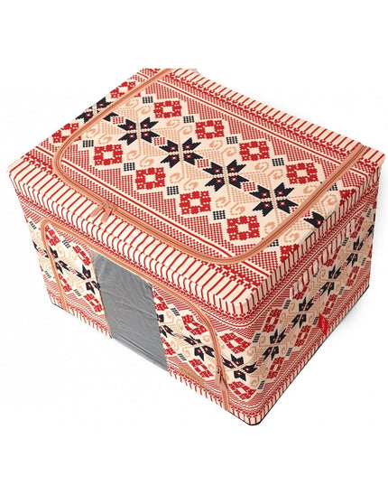 de Depozitare Pliabila, 100 L din Bumbac si In,Fereastra Frontala, 2 Usi de Acces cu Fermoar Bidirectional, Cadru Metalic, Suport Baza Stabil din Plastic, Motiv Traditional Model 1