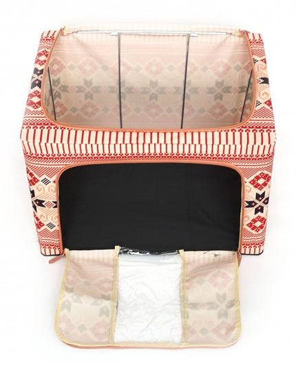 de Depozitare Pliabila, 100 L din Bumbac si In,Fereastra Frontala, 2 Usi de Acces cu Fermoar Bidirectional, Cadru Metalic, Suport Baza Stabil din Plastic, Motiv Traditional Model 1