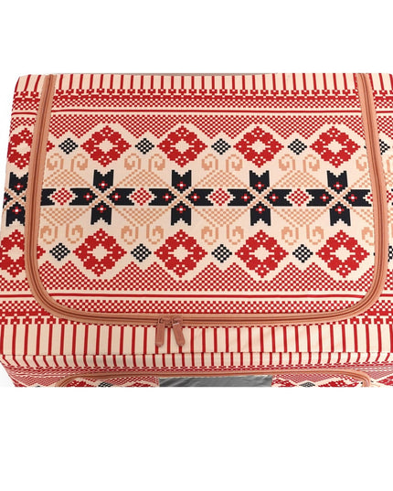 de Depozitare Pliabila, 100 L din Bumbac si In,Fereastra Frontala, 2 Usi de Acces cu Fermoar Bidirectional, Cadru Metalic, Suport Baza Stabil din Plastic, Motiv Traditional Model 1