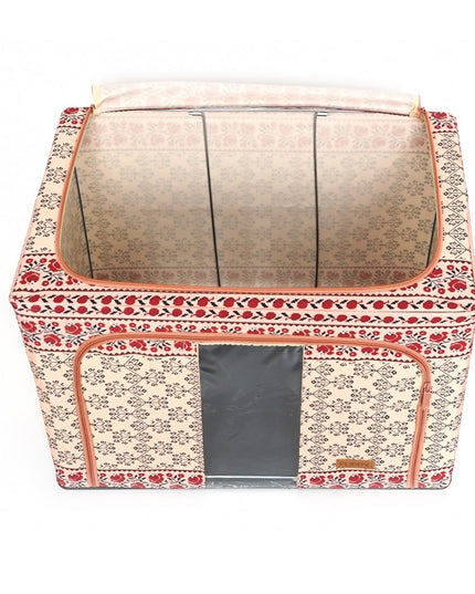 de Depozitare Pliabila, 100 L din Bumbac si In,Fereastra Frontala, 2 Usi de Acces cu Fermoar Bidirectional, Cadru Metalic, Suport Baza Stabil din Plastic, Motiv Traditional Model 3