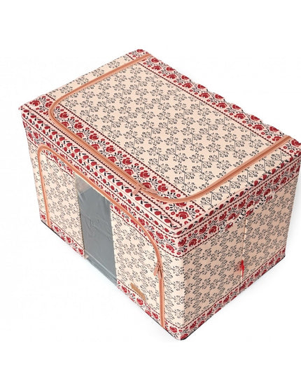 de Depozitare Pliabila, 100 L din Bumbac si In,Fereastra Frontala, 2 Usi de Acces cu Fermoar Bidirectional, Cadru Metalic, Suport Baza Stabil din Plastic, Motiv Traditional Model 3