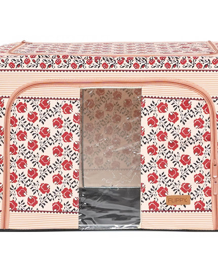 de Depozitare Pliabila, 100 L din Bumbac si In,Fereastra Frontala, 2 Usi de Acces cu Fermoar Bidirectional, Cadru Metalic, Suport Baza Stabil din Plastic, Motiv Traditional Model 4