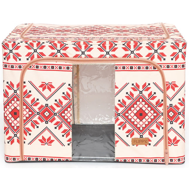 de Depozitare Pliabila, 100 L din Bumbac si In,Fereastra Frontala, 2 Usi de Acces cu Fermoar Bidirectional, Cadru Metalic, Suport Baza Stabil din Plastic, Motiv Traditional Model 2