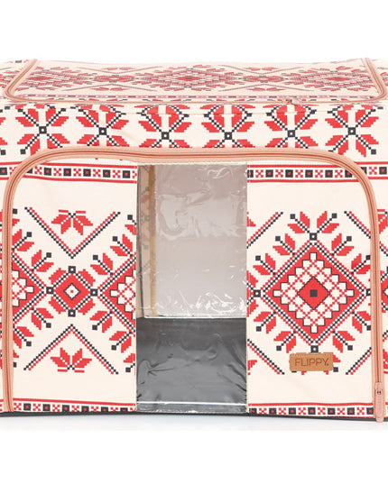 de Depozitare Pliabila, 100 L din Bumbac si In,Fereastra Frontala, 2 Usi de Acces cu Fermoar Bidirectional, Cadru Metalic, Suport Baza Stabil din Plastic, Motiv Traditional Model 2