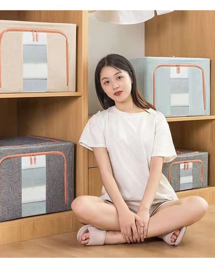 de Depozitare Pliabila, 66 L, din Bumbac si In,2 Ferestre, Frontala si Laterala, 2 Usi de Acces cu Fermoar Bidirectional, Cadru Metalic, Suport Baza Stabil din Plastic