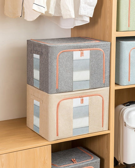 de Depozitare Pliabila, 66 L, din Bumbac si In,2 Ferestre, Frontala si Laterala, 2 Usi de Acces cu Fermoar Bidirectional, Cadru Metalic, Suport Baza Stabil din Plastic