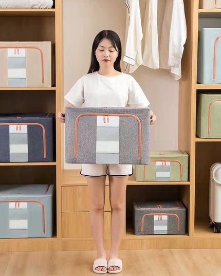 de Depozitare Pliabila, 24 L, din Bumbac si In,Fereastra Frontala, 2 Usi de Acces cu Fermoar Bidirectional, Cadru Metalic, Suport Baza Stabil din Plastic