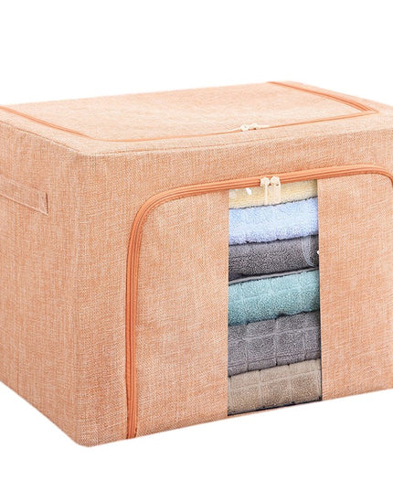 de Depozitare Pliabila, 100 L, din Bumbac si In,Fereastra Frontala, 2 Usi de Acces cu Fermoar Bidirectional, Cadru Metalic, Suport Baza Stabil din Plastic