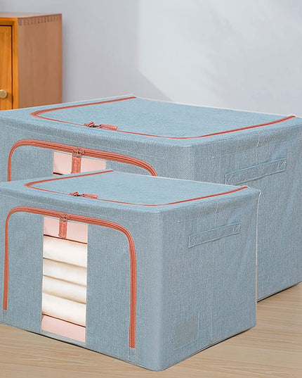 de Depozitare Pliabila, 66 L, din Bumbac si In,Fereastra Frontala, 2 Usi de Acces cu Fermoar Bidirectional, Cadru Metalic, Suport Baza Stabil din Plastic, Bleu