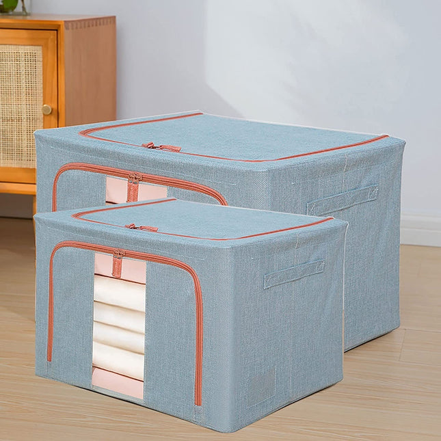 de Depozitare Pliabila, 66 L, din Bumbac si In,Fereastra Frontala, 2 Usi de Acces cu Fermoar Bidirectional, Cadru Metalic, Suport Baza Stabil din Plastic, Bleu