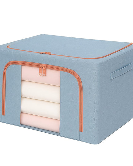 de Depozitare Pliabila, 66 L, din Bumbac si In,Fereastra Frontala, 2 Usi de Acces cu Fermoar Bidirectional, Cadru Metalic, Suport Baza Stabil din Plastic, Bleu