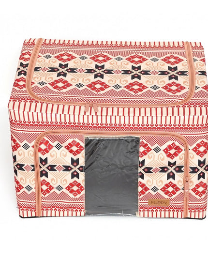 de Depozitare Pliabila, 66 L din Bumbac si In,Fereastra Frontala, 2 Usi de Acces cu Fermoar Bidirectional, Cadru Metalic, Suport Baza Stabil din Plastic, Motiv Traditional Model 5