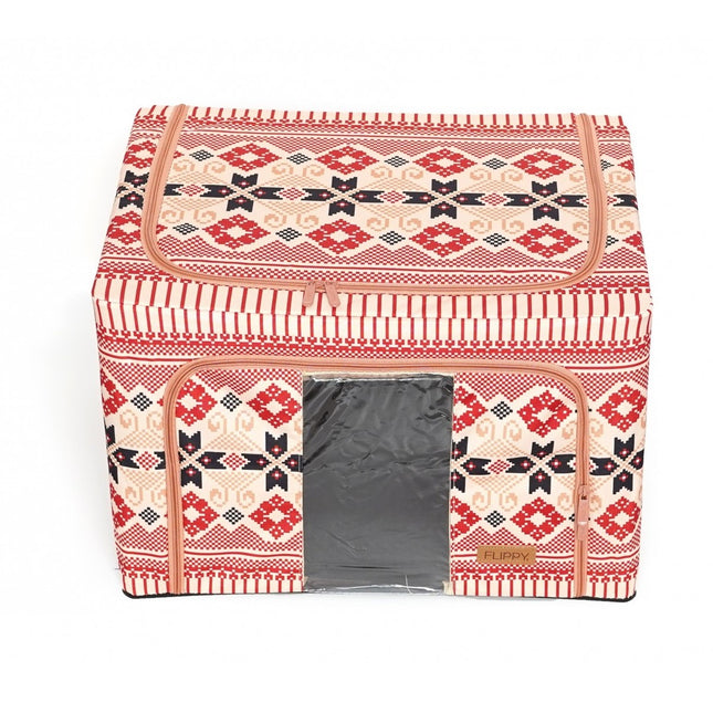 de Depozitare Pliabila, 66 L din Bumbac si In,Fereastra Frontala, 2 Usi de Acces cu Fermoar Bidirectional, Cadru Metalic, Suport Baza Stabil din Plastic, Motiv Traditional Model 5