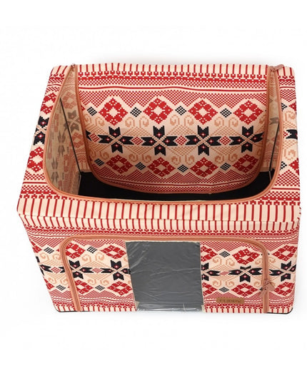 de Depozitare Pliabila, 66 L din Bumbac si In,Fereastra Frontala, 2 Usi de Acces cu Fermoar Bidirectional, Cadru Metalic, Suport Baza Stabil din Plastic, Motiv Traditional Model 5