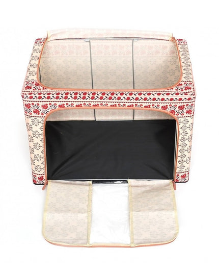 de Depozitare Pliabila, 66 L din Bumbac si In,Fereastra Frontala, 2 Usi de Acces cu Fermoar Bidirectional, Cadru Metalic, Suport Baza Stabil din Plastic, Motiv Traditional Model 6