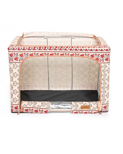 de Depozitare Pliabila, 66 L din Bumbac si In,Fereastra Frontala, 2 Usi de Acces cu Fermoar Bidirectional, Cadru Metalic, Suport Baza Stabil din Plastic, Motiv Traditional Model 6