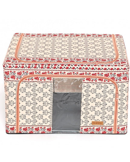 de Depozitare Pliabila, 66 L din Bumbac si In,Fereastra Frontala, 2 Usi de Acces cu Fermoar Bidirectional, Cadru Metalic, Suport Baza Stabil din Plastic, Motiv Traditional Model 6