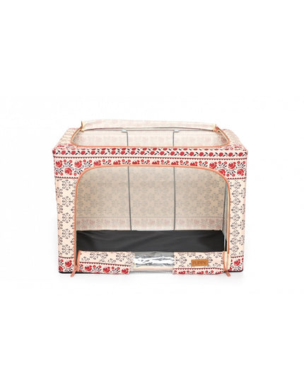 de Depozitare Pliabila, 66 L din Bumbac si In,Fereastra Frontala, 2 Usi de Acces cu Fermoar Bidirectional, Cadru Metalic, Suport Baza Stabil din Plastic, Motiv Traditional Model 6