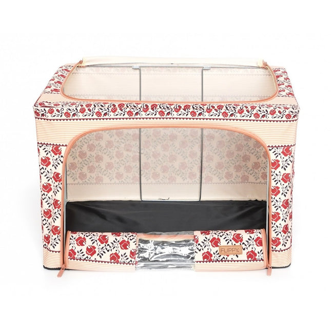 de Depozitare Pliabila, 66 L din Bumbac si In,Fereastra Frontala, 2 Usi de Acces cu Fermoar Bidirectional, Cadru Metalic, Suport Baza Stabil din Plastic, Motiv Traditional Model 7