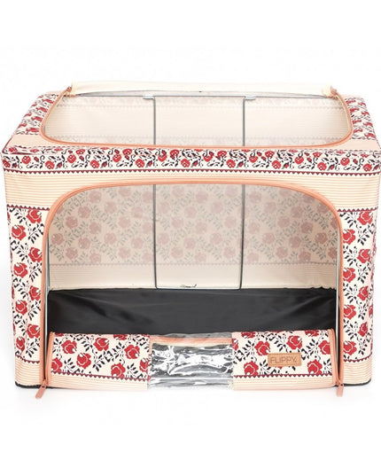 de Depozitare Pliabila, 66 L din Bumbac si In,Fereastra Frontala, 2 Usi de Acces cu Fermoar Bidirectional, Cadru Metalic, Suport Baza Stabil din Plastic, Motiv Traditional Model 7