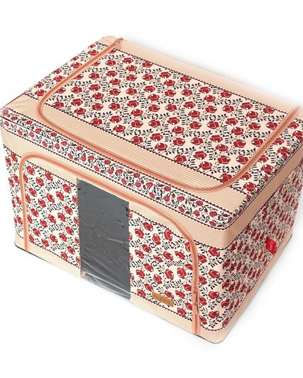 de Depozitare Pliabila, 66 L din Bumbac si In,Fereastra Frontala, 2 Usi de Acces cu Fermoar Bidirectional, Cadru Metalic, Suport Baza Stabil din Plastic, Motiv Traditional Model 7