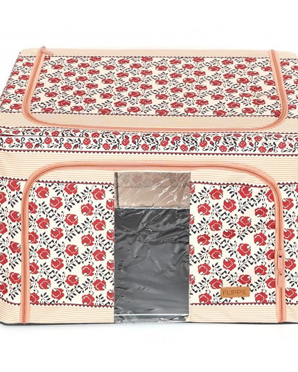 de Depozitare Pliabila, 66 L din Bumbac si In,Fereastra Frontala, 2 Usi de Acces cu Fermoar Bidirectional, Cadru Metalic, Suport Baza Stabil din Plastic, Motiv Traditional Model 7