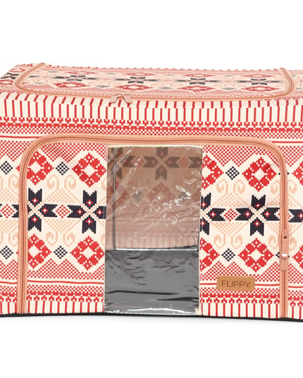 de Depozitare Pliabila, 66 L din Bumbac si In,Fereastra Frontala, 2 Usi de Acces cu Fermoar Bidirectional, Cadru Metalic, Suport Baza Stabil din Plastic, Motiv Traditional Model 5