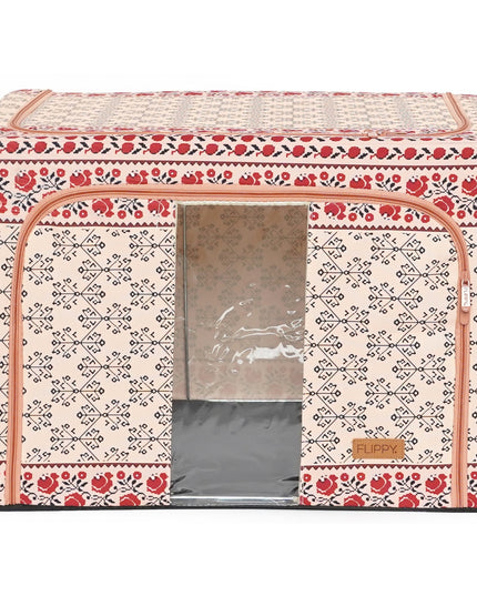 de Depozitare Pliabila, 66 L din Bumbac si In,Fereastra Frontala, 2 Usi de Acces cu Fermoar Bidirectional, Cadru Metalic, Suport Baza Stabil din Plastic, Motiv Traditional Model 6