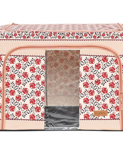 de Depozitare Pliabila, 66 L din Bumbac si In,Fereastra Frontala, 2 Usi de Acces cu Fermoar Bidirectional, Cadru Metalic, Suport Baza Stabil din Plastic, Motiv Traditional Model 7