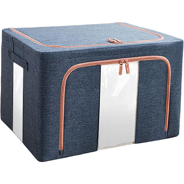 Cutie de Depozitare Pliabila, Cu Fermoar, 100 L, Textil, 60x42x40 cm, Cadru Metalic, Suport Baza Stabil din Plastic, Marin cu Doua Ferestre