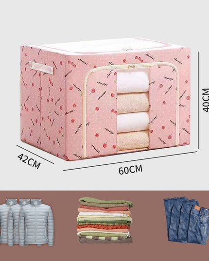 de Depozitare Pliabila, Cu Fermoar, 66 L, Textil,cu Fereastra, Cadru Metalic, Suport Baza Stabil din Plastic, Imprimeu Cirese