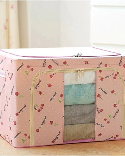 de Depozitare Pliabila, Cu Fermoar, 66 L, Textil,cu Fereastra, Cadru Metalic, Suport Baza Stabil din Plastic, Imprimeu Cirese