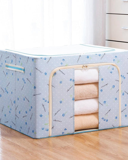 de Depozitare Pliabila, 66 L, din Tesatura Oxford,Fereastra Frontala, 2 Usi de Acces cu Fermoar Bidirectional, Cadru Metalic, Suport Baza Stabil din Plastic, Imprimeu Cirese