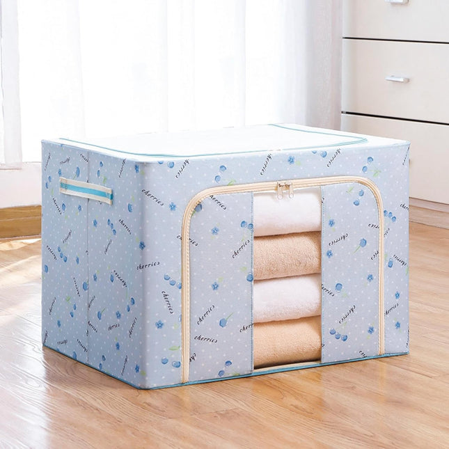 de Depozitare Pliabila, 66 L, din Tesatura Oxford,Fereastra Frontala, 2 Usi de Acces cu Fermoar Bidirectional, Cadru Metalic, Suport Baza Stabil din Plastic, Imprimeu Cirese