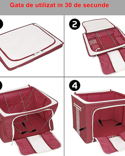 de Depozitare Pliabila, cu Fermoar, 100 L, Textil,O Fereastra, Cadru Metalic, Suport Baza Stabil din Plastic, imprimeu punctat