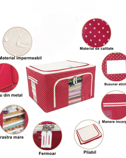 de Depozitare Pliabila, cu Fermoar, 100 L, Textil,O Fereastra, Cadru Metalic, Suport Baza Stabil din Plastic, imprimeu punctat