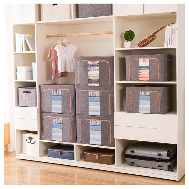 de Depozitare Pliabila, 66 L, din Bumbac si In,2 Ferestre, Frontala si Laterala, 2 Usi de Acces cu Fermoar Bidirectional, Cadru Metalic, Suport Baza Stabil din Plastic