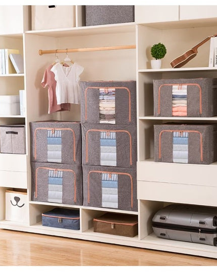 de Depozitare Pliabila, 66 L, din Bumbac si In,2 Ferestre, Frontala si Laterala, 2 Usi de Acces cu Fermoar Bidirectional, Cadru Metalic, Suport Baza Stabil din Plastic