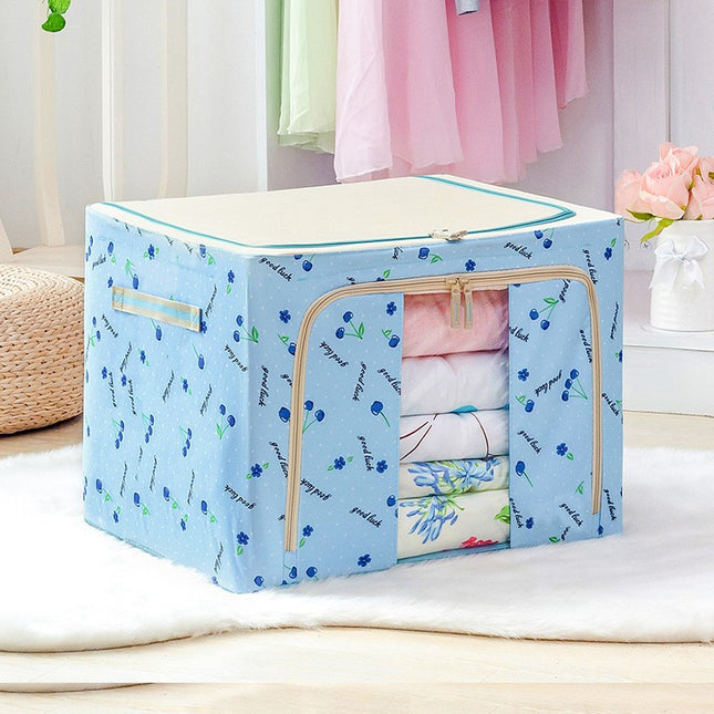 Cutie de Depozitare Pliabila, 24 L, Panza Oxford, 40x30x20 cm, Fereastra Frontala, 2 Usi de Acces cu Fermoar Bidirectional, Cadru Metalic, Suport Baza Stabil din Plastic, Imprimeu Cirese