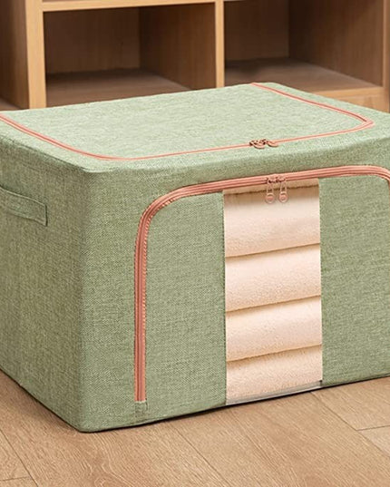 de Depozitare Pliabila, 24 L, din Bumbac si In,Fereastra Frontala, 2 Usi de Acces cu Fermoar Bidirectional, Cadru Metalic, Suport Baza Stabil din Plastic