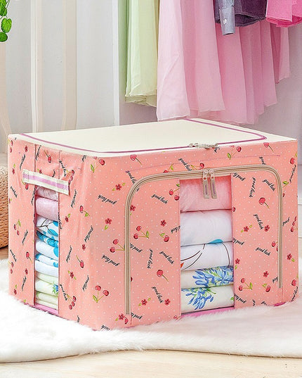 Cutie de Depozitare Pliabila, 24 L, Panza Oxford, 40x30x20 cm, Fereastra Frontala, 2 Usi de Acces cu Fermoar Bidirectional, Cadru Metalic, Suport Baza Stabil din Plastic, Imprimeu Cirese