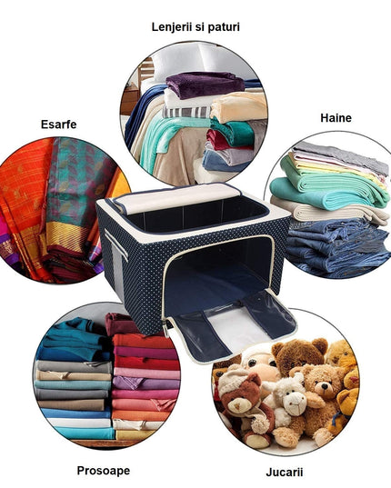 de Depozitare Pliabila, Cu Fermoar, 66 L, Textil,Cadru Metalic, Suport Baza Stabil din Plastic, Imprimeu Buline