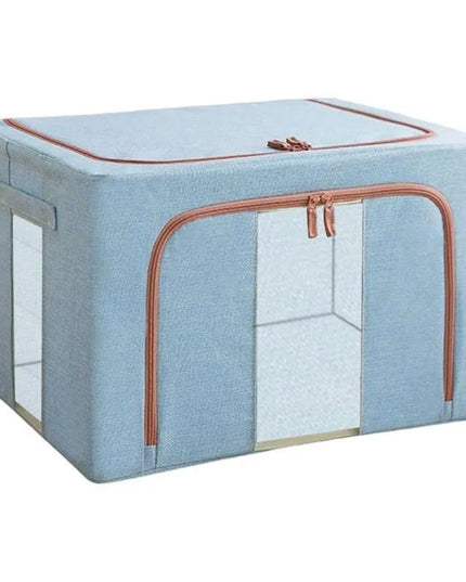 de Depozitare Pliabila, 100 L, din Bumbac si In,2 Ferestre, Frontala si Laterala, 2 Usi de Acces cu Fermoar Bidirectional, Cadru Metalic, Suport Baza Stabil din Plastic, Bleu