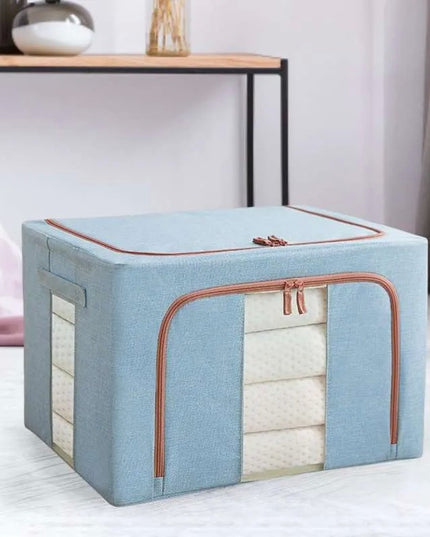 de Depozitare Pliabila, 100 L, din Bumbac si In,2 Ferestre, Frontala si Laterala, 2 Usi de Acces cu Fermoar Bidirectional, Cadru Metalic, Suport Baza Stabil din Plastic, Bleu