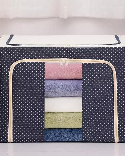 de Depozitare Pliabila, 66 L, din Panza Oxford,2 Ferestre, Frontala si Laterala, 2 Usi de Acces cu Fermoar Bidirectional, Cadru Metalic, Suport Baza Stabil din Plastic, Imprimeu Buline